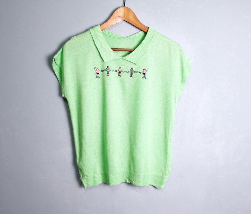 FOAK vintage grass green character embroidery knit top - เสื้อผู้หญิง - วัสดุอื่นๆ 