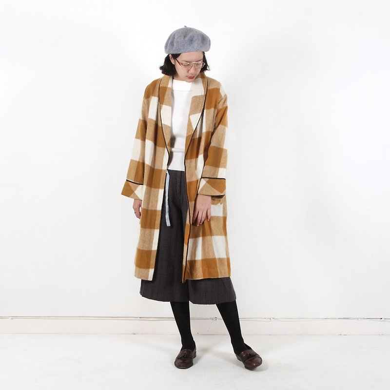 Ancient】 【egg plant honey lattice robe vintage coat - เสื้อแจ็คเก็ต - ขนแกะ สีส้ม