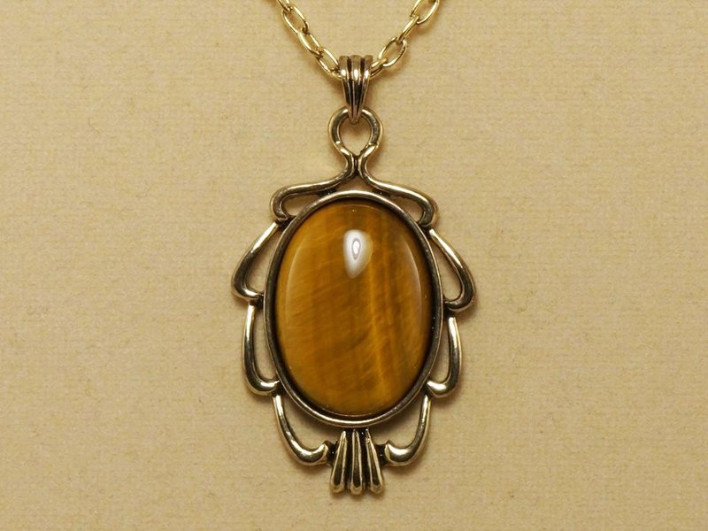 Tiger Eye Cat Eye Necklace Oval Gold Brown Yellow Stone Pendant Necklace Jewelry - 項鍊 - 半寶石 咖啡色