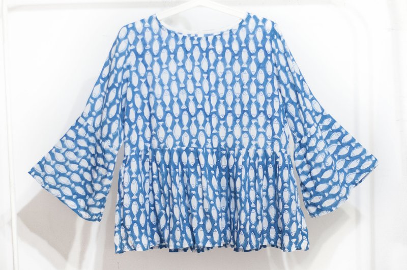 Woodcut Printed Cotton Top / Indian Cotton Top / Blockprint Wide Puff Sleeve Top - Ocean Fish - Women's Tops - Cotton & Hemp Blue