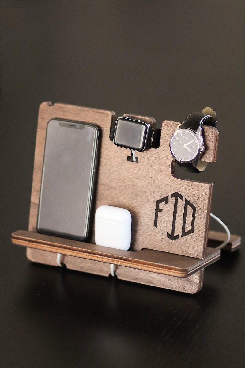 iPhone Docking Station Personalized Wood Mens Wallet Apple Watch Station Custom - 其他 - 木頭 