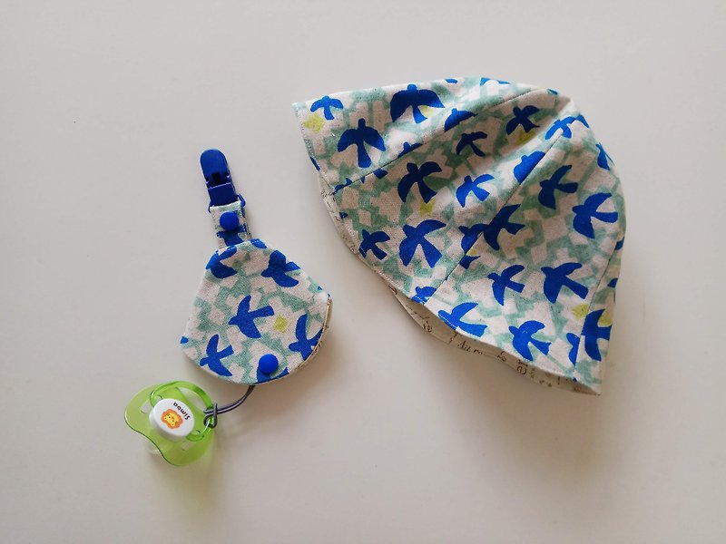 日本布 飛鳥  嬰兒軟帽 彌月禮物 漁夫帽 嬰兒帽+二合一奶嘴夾 - 滿月禮物 - 棉．麻 藍色