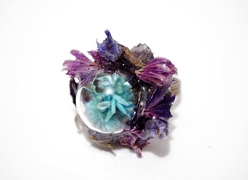 Colour Freak Studio Crystal Dried Flower Ring / Purple Blue / Magic Ball Series - General Rings - Plants & Flowers Blue