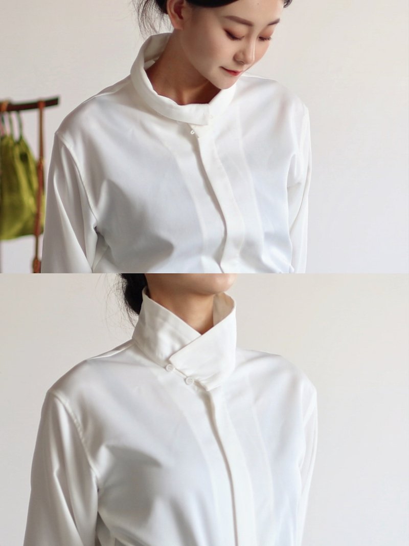 混沌とした山脈と新しい中国のオリジナルデザインのレトロな明スタイルのスタンドカラーシャツは折り畳んでランタン長袖を着ることができます - シャツ メンズ - コットン・麻 ホワイト