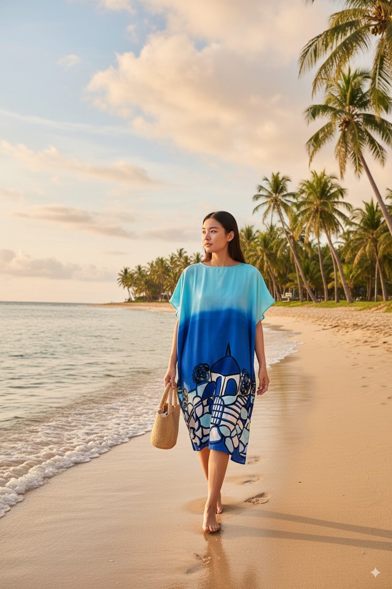 Hand Painted Cotton Silk Kaftan for Summer Resort Vacation- - 洋裝/連身裙 - 棉．麻 藍色