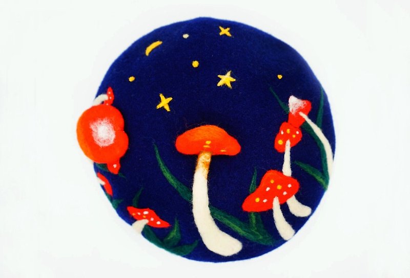 黑夜裏的蘑菇森林 羊毛氈貝雷帽畫家帽 - 帽子 - 羊毛 藍色