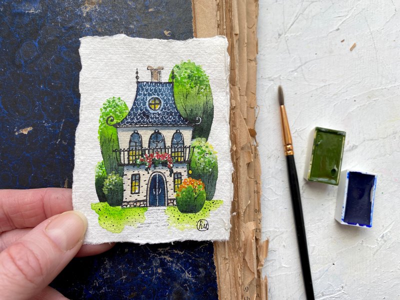 ACEO House Miniature art Original watercolor Collectible artwork by Rubinova - 海報/掛畫/掛布 - 紙 多色