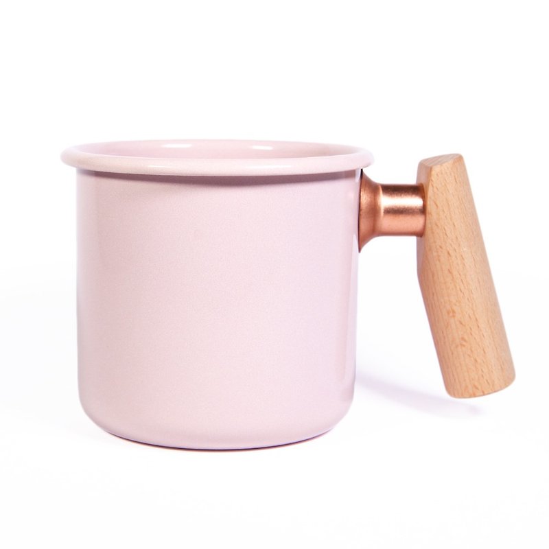 Enamel cup with wooden handle 400ml (coral powder) Mother's Day gift - แก้วมัค/แก้วกาแฟ - วัตถุเคลือบ สึชมพู
