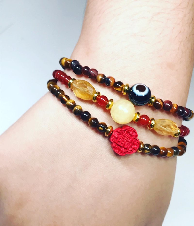 Double happiness and Tiger Eye bracelet - 手鍊/手環 - 寶石 咖啡色