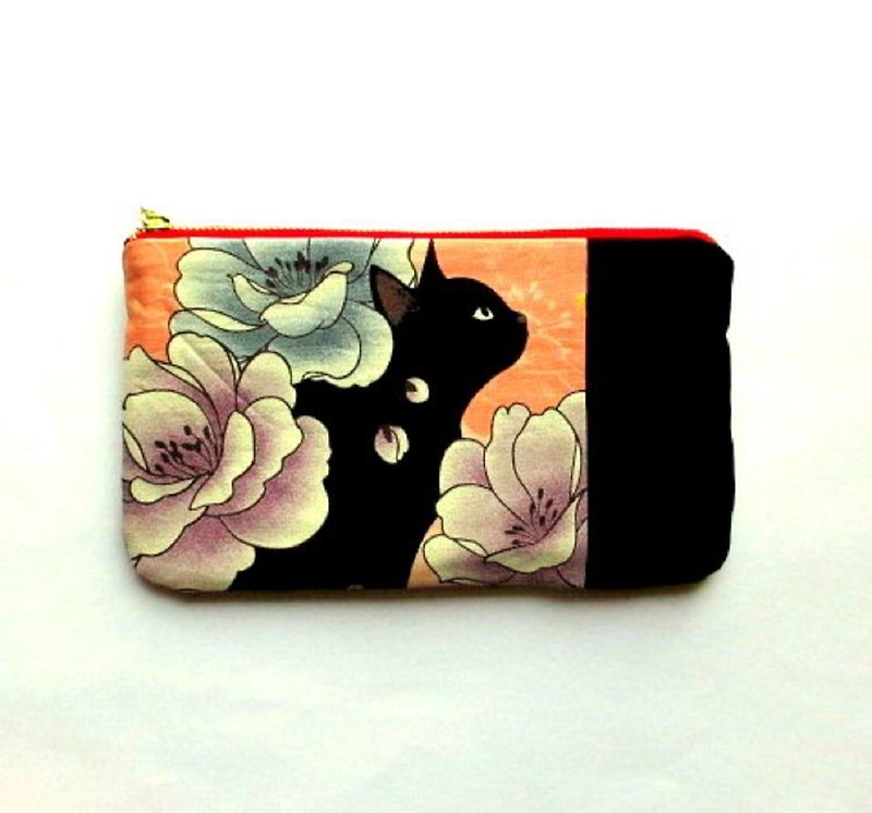 Black cat pouch A - กระเป๋าเครื่องสำอาง - ผ้าฝ้าย/ผ้าลินิน สีส้ม