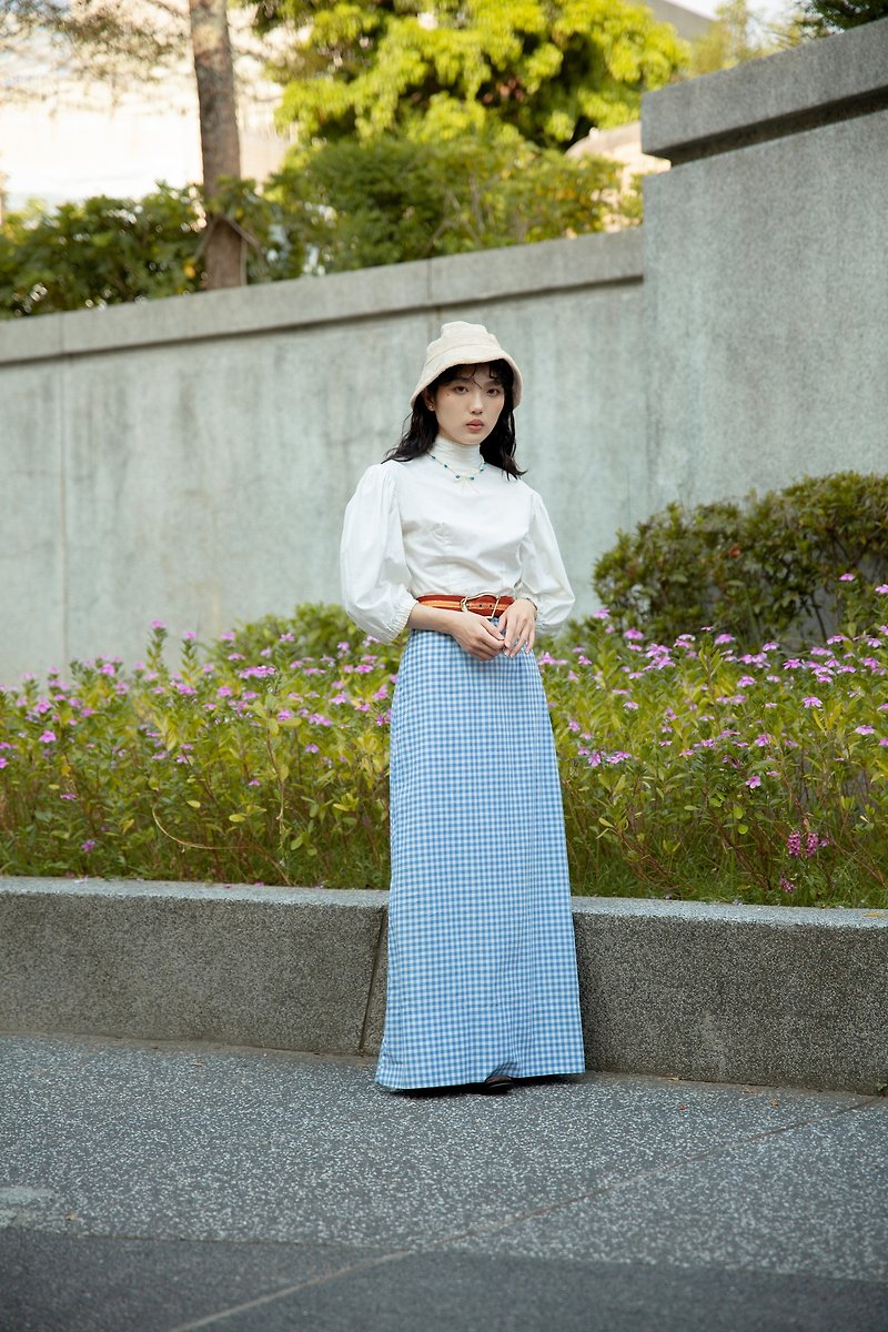 Niao Niao Department Store-Vintage white turtleneck, puffy sleeves and blue plaid American dress - ชุดเดรส - ผ้าฝ้าย/ผ้าลินิน 