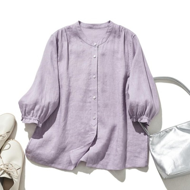 A refreshing Linen blouse with a natural look. 3/4 sleeves, 100% Linen, purple, 240516-2 - เสื้อผู้หญิง - ผ้าฝ้าย/ผ้าลินิน 