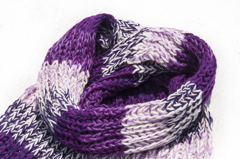 Hand-woven pure wool scarf / knit scarf / crochet striped scarf / handmade knit scarf - striped purple - Knit Scarves & Wraps - Wool Purple
