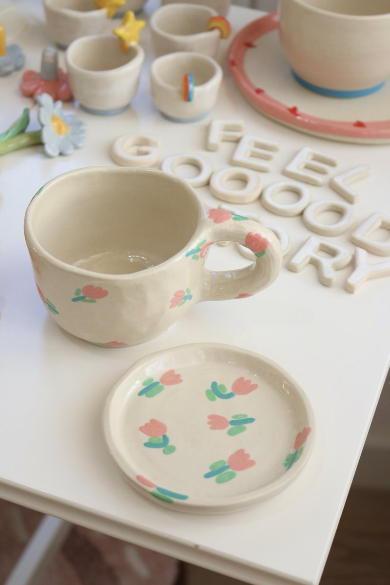 Cup Ceramic Paint Tulip Pink with Coaster - 花瓶/花器 - 陶 粉紅色