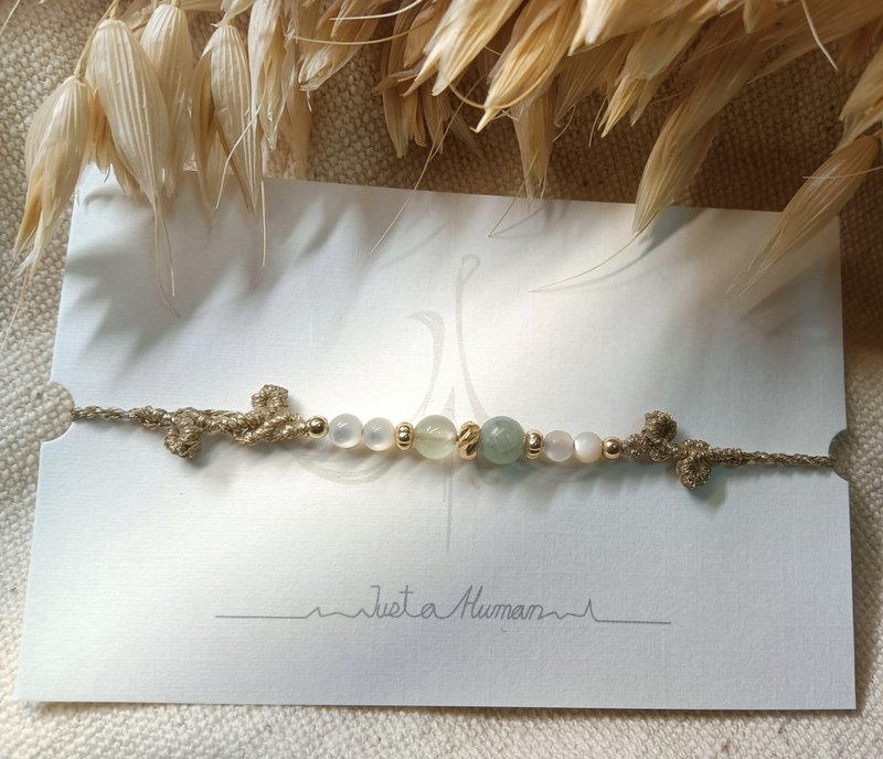 Liya| Teal Crystal Prehnite Shell Stone Young Bud Totem Braided Wax Thread Braided Bracelet - สร้อยข้อมือ - เครื่องประดับพลอย สีกากี