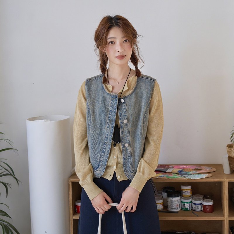 做舊短款牛仔馬甲|背心|夏秋款|Sora-1883 - 背心/無袖上衣 - 棉．麻 藍色