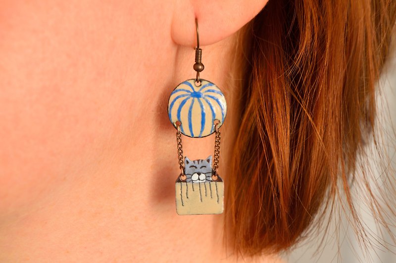 Enamel Earrings & Clip-ons Blue - Grey Cat Earrings, Enamel Earrings, Hot Air Balloon, Cat Enamel Jewelry, Tabby,