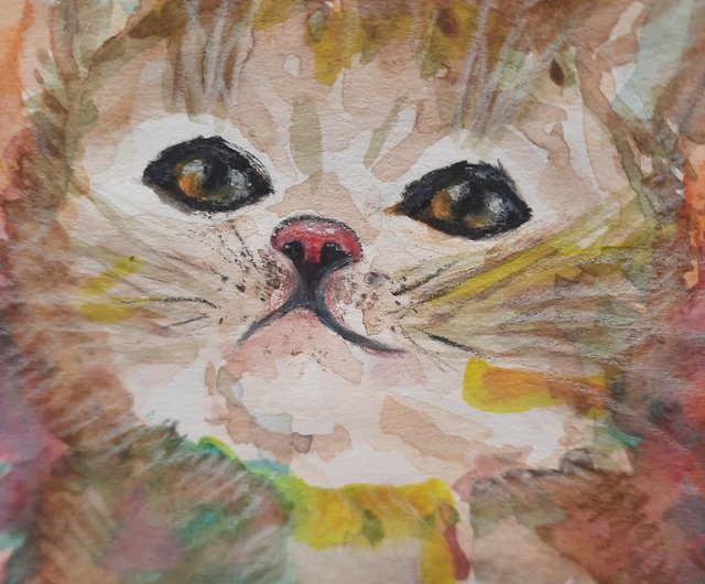 手書き 水彩画 絵画 猫とすずめ