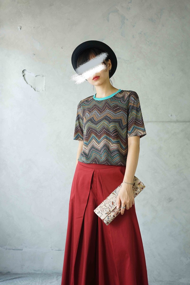 Treasure Hunt Vintage-Folk Style Noise Print Contrast Color Stretch Knit Top - เสื้อผู้หญิง - เส้นใยสังเคราะห์ หลากหลายสี