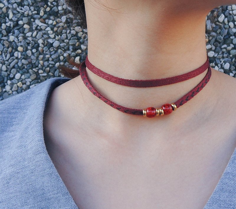 Burgundy Red Leaves Tape Necklace / Glasses chain / Bracelet/ Choker - กรอบแว่นตา - เส้นใยสังเคราะห์ สีแดง