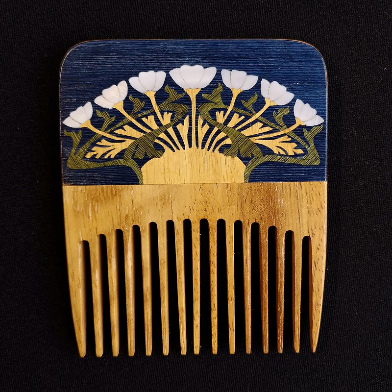 木毛アールヌーボーデコ櫛/手作り花飾りモザイク象嵌木梳