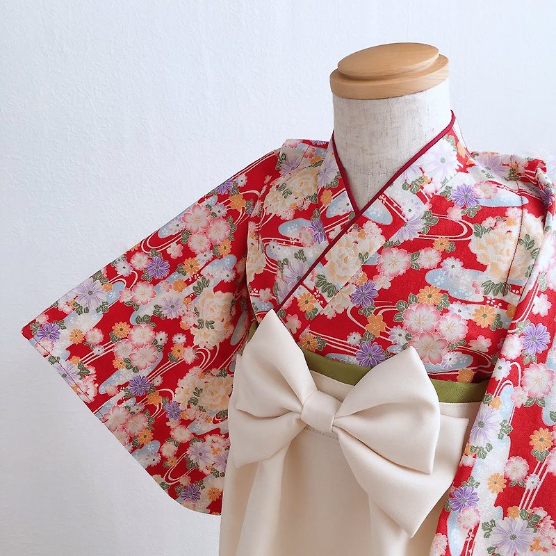 Hakama Dress 日本褲和服-流水花Red-Cream (女童/嬰兒/兒童) - 男/女童禮服 - 棉．麻 紅色