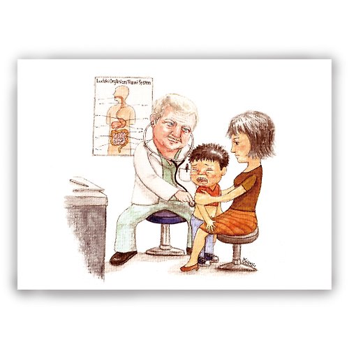 DuDo Shop 土豆屋 手繪插畫萬用卡/卡片/明信片/插畫卡--醫生 看病 小孩 診所 生病