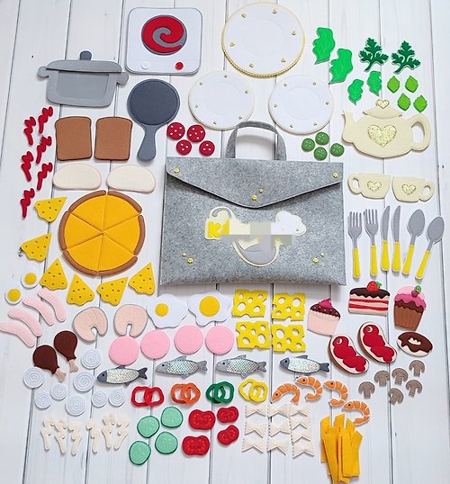 Happy Toy House Play Food Set, Picnic Basket, Felt food breakfast, Kitchen Educational game