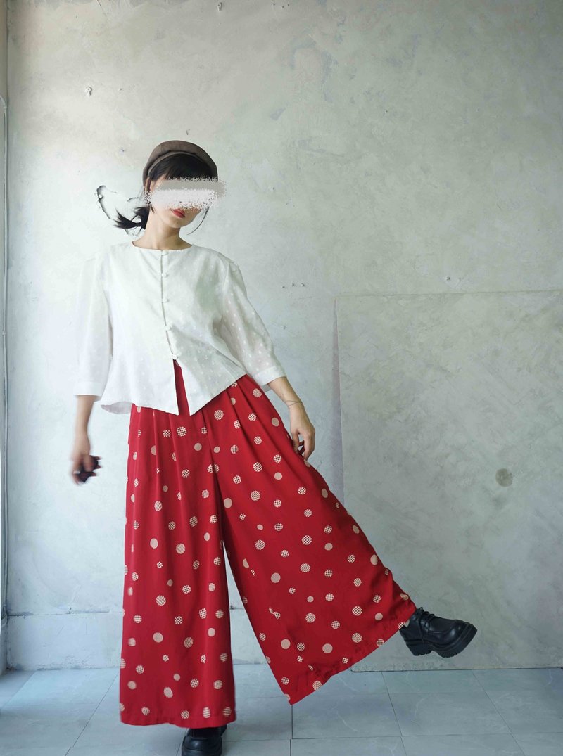 Treasure Hunt Vintage - Playful Polka Dot Pleated Red Statement Wide-Leg Trousers - Women's Pants - Polyester Red