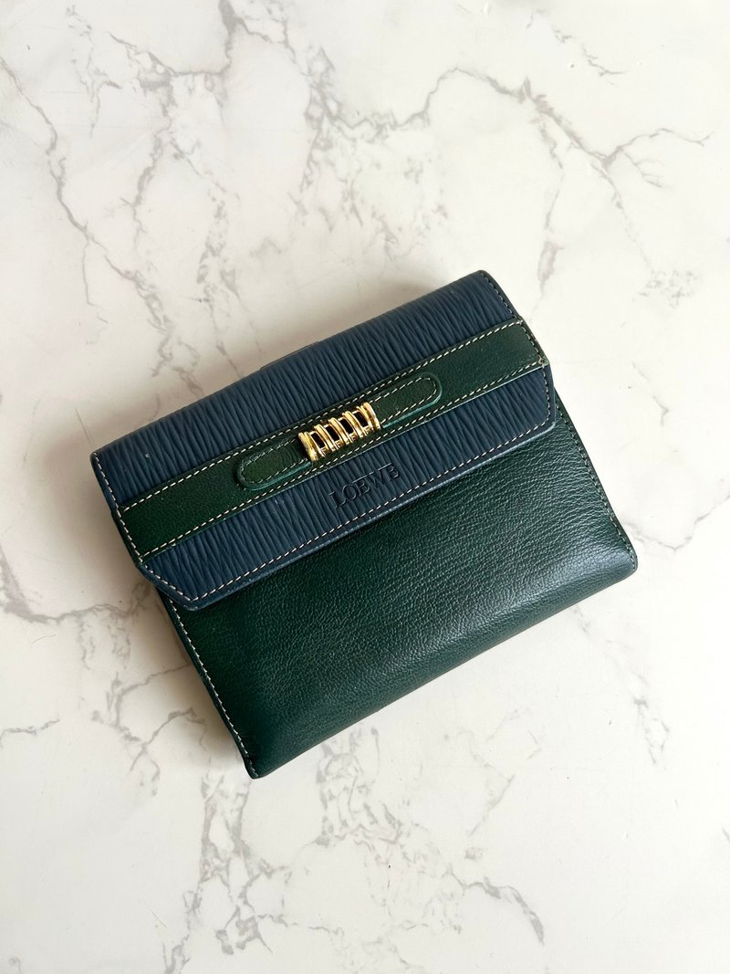 稀有中古包 Loewe藍綠色金蛇骨中夾 錢包 短夾 皮革包 古董二手包 - 銀包 - 真皮 綠色