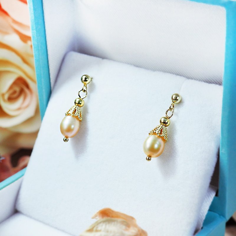 ||Baroque luxury|| 925 sterling silver natural orange freshwater pearl pendant earrings - ต่างหู - ไข่มุก สีส้ม