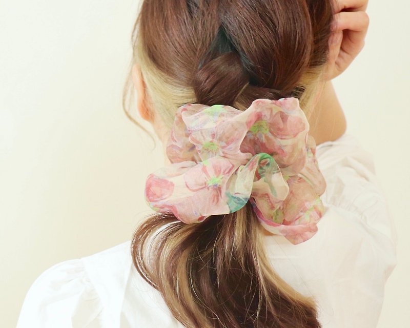 Cherry blossoms art scrunchie Asahi art style original textile big scrunchie - Hair Accessories - Rubber Pink
