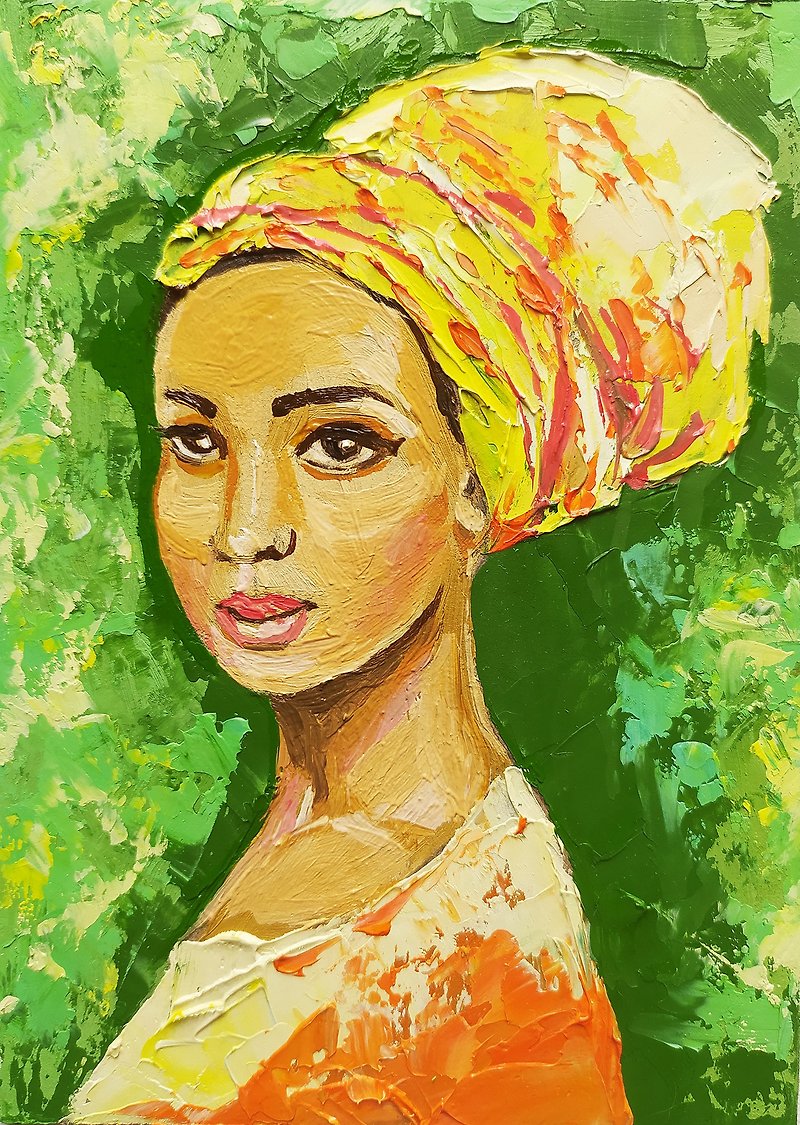Portrait of an African woman in a headscarf oil painting impasto original art - 牆貼/牆身裝飾 - 其他材質 綠色