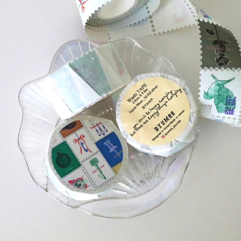 STAMP Washi tape (3d foil silver) - 紙膠帶/和紙/PET - 紙 白色