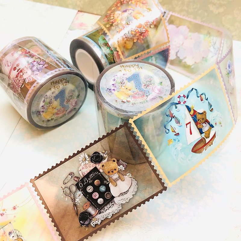 5CM PET white ink Watercolor Masking Tape(5M)【Happy 1 to 12!】 - Washi Tape - Plastic Multicolor