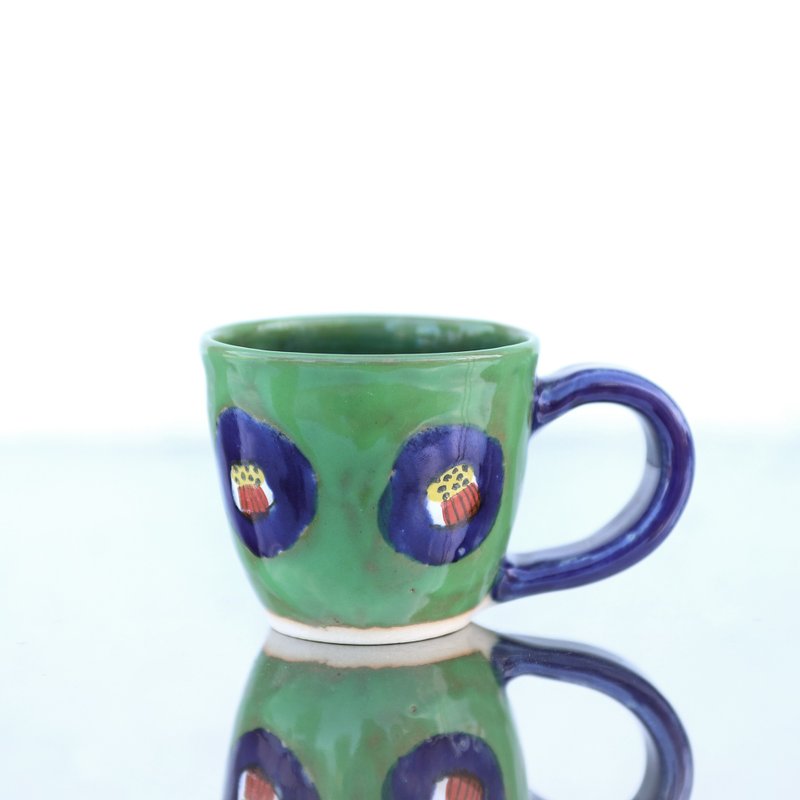 Pop camellia mug/green glaze/cobalt blue handle - Mugs - Pottery Green