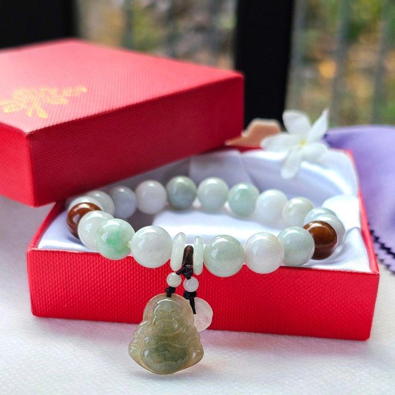 Burmese jade bracelet, pastel color, red jade level, decorated with Type A jade Buddha, size 9.7 mm. - 手鍊/手環 - 玉石 多色