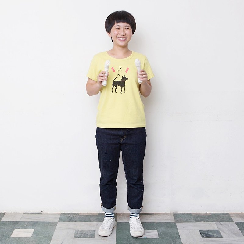 蘑菇MOGU/有機棉/短袖/台灣犬 - 帽T/大學T - 棉．麻 黃色