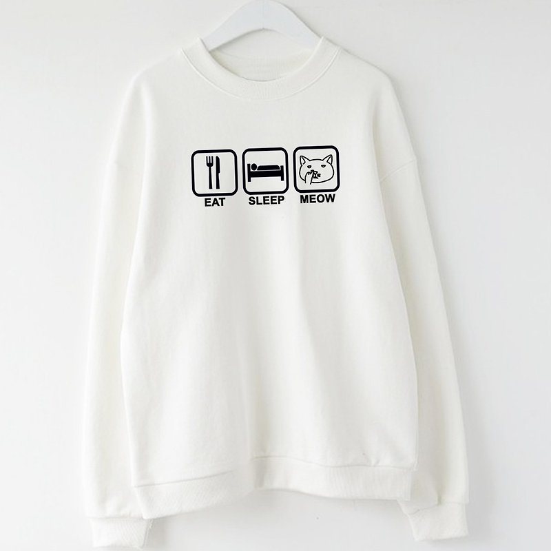 Eat Sleep Meow unisex White Sweatshirt Fleece - เสื้อผู้หญิง - ผ้าฝ้าย/ผ้าลินิน ขาว