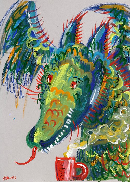 Onik Art Dragon Painting Original Art Dinosaur with Coffee Art Fantasy Whimsical Painting