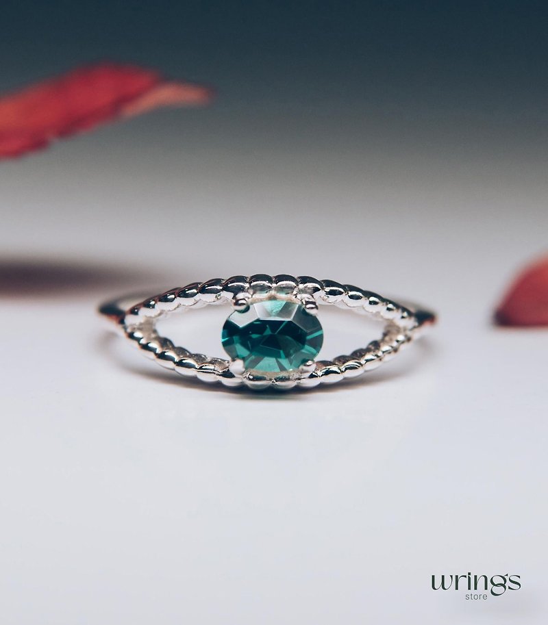 Silver Evil Eye Ring Silver Green Quartz Gemstone for Women Beaded Design - แหวนทั่วไป - เงินแท้ สีเขียว