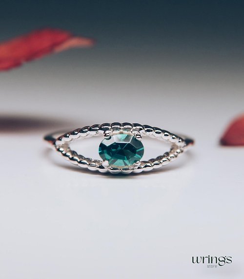 WRINGS Silver Evil Eye Ring Silver Green Quartz Gemstone for Women Beaded Design