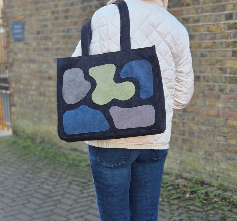 Leather Tote, Large Shopper, Big Handbag, Suede shoulder bag, Navy blue handbag - 手提包/手提袋 - 真皮 藍色