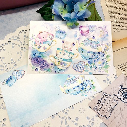 Lilly Bloom Little Alice Blue水彩明信片/心意卡【小熊與小兔的夢幻下午茶】