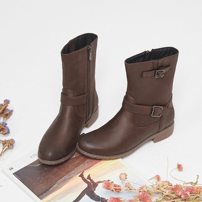 【倫敦步伐】復古擦色布質工程中筒靴_碳燻咖啡 - 女短靴/中筒靴 - 其他人造纖維 咖啡色