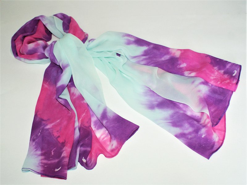 絲巾 Tie dye scarf Chiffon woman scarf Blue purple pink silk shawl Hand dyed scarf - 絲巾 - 絲．絹 藍色