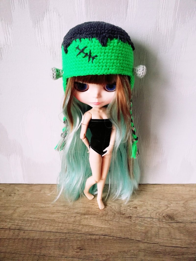 Blythe hat crochet green Frankenstein - ตุ๊กตา - ผ้าฝ้าย/ผ้าลินิน สีเขียว