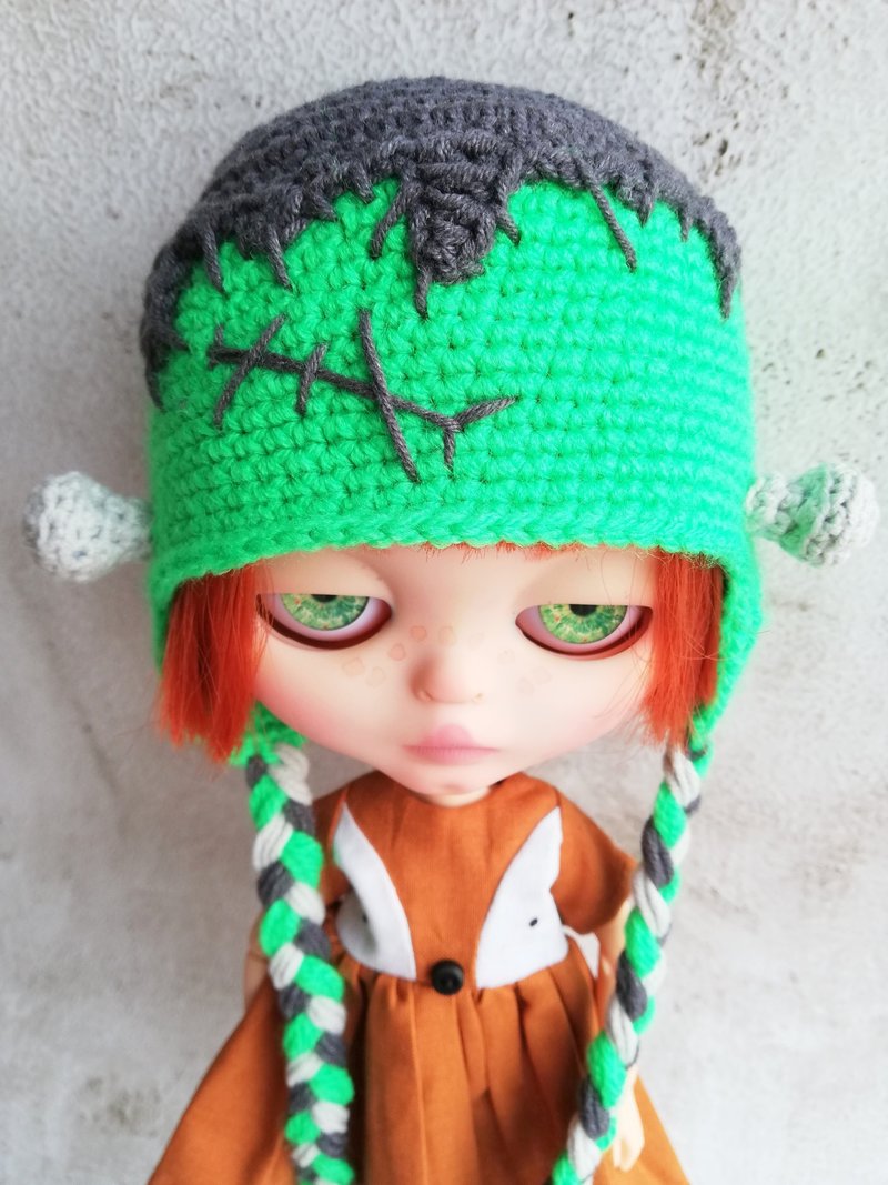 Blythe hat crochet green Frankenstein - 玩偶/公仔 - 棉．麻 綠色