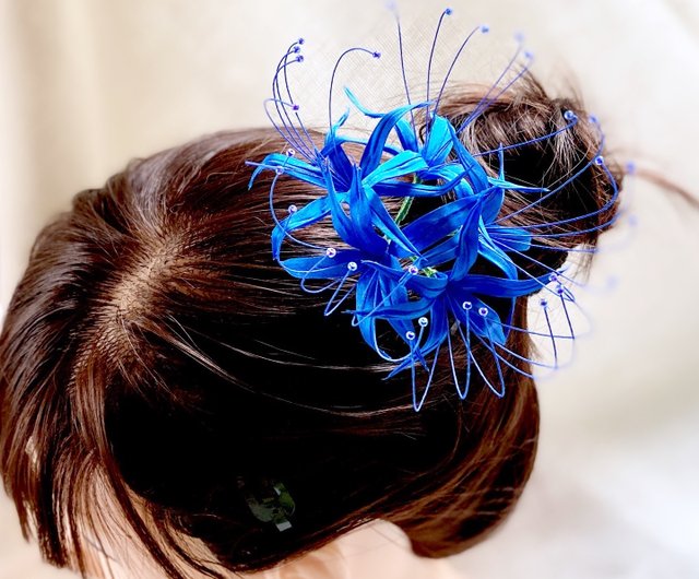 つまみ細工かんざし 青い曼珠沙華 青い彼岸花 - ショップ こもれ陽