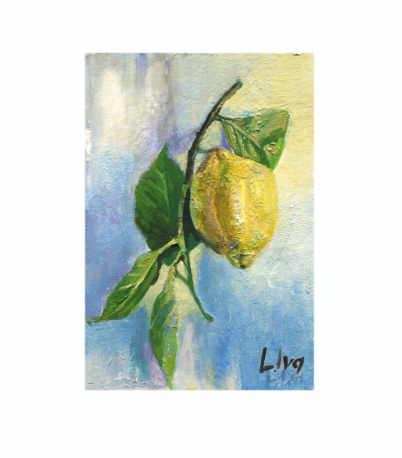 レモンオリジナルアクリル絵画 4.1 x 5.9インチ 小さなキッチンアートキャンバス - フォトフレーム - アクリル 多色
